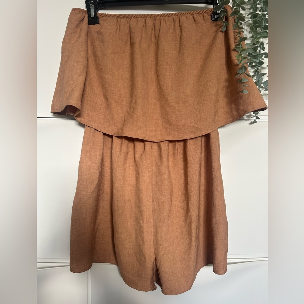 bishop + young rust brown off-shoulder romper
